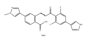 Structure of Benzoic acid, 2-[3-[2,6-difluoro-4-(1H-pyrazol-4-yl)phenyl]-3-oxo-1-propen-1-yl]-4-(1-methyl-1H-pyrazol-4-yl)-, sodium salt (1:1)