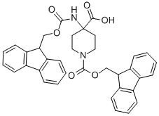 Structure of 1,4-Piperidinedicarboxylicacid, 4-[[(9H-fluoren-9-ylmethoxy)carbonyl]amino]-, 1-(9H-fluoren-9-ylmethyl)ester