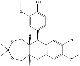 Structure of Naphtho[2,3-e][1,3]dioxepin-8-ol,1,5,5a,6,11,11a-hexahydro-6-(4-hydroxy-3-methoxyphenyl)-9-methoxy-3,3-dimethyl-,(5aR,6S,11aR)-