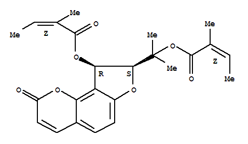 (Z)-2-Methyl-2-butenoic acid (8S)-8,9-dihydro-8-[1-methyl-1-[(Z)-2-methyl-1-oxo-2-butenyloxy]ethyl]-2-oxo-2H-furo[2,3-h]-1-benzopyran-9α-yl ester结构式