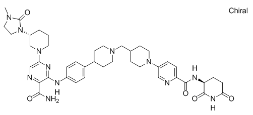 Structure of 2-Pyrazinecarboxamide, 3-[[4-[1-[[1-[6-[[[(3S)-2,6-dioxo-3-piperidinyl]amino]carbonyl]-3-pyridinyl]-4-piperidinyl]methyl]-4-piperidinyl]phenyl]amino]-5-[(3R)-3-(3-methyl-2-oxo-1-imidazolidinyl)-1-piperidinyl]-