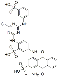 Structure of 1-amino-4-[[4-[[4-chloro-6-[(3-sulfophenyl)amino]-1,3,5-triazin-2-yl]a mino]-3-sulfo-phenyl]amino]-9,10-dioxo-anthracene-2-sulfonic acid
