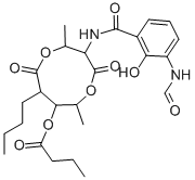 Structure of 8-butyl-3-(3-formamido-2-hydroxybenzamido)-2,6-dimethyl-4,9-dioxo-1,5-dioxonan-7-yl butyrate