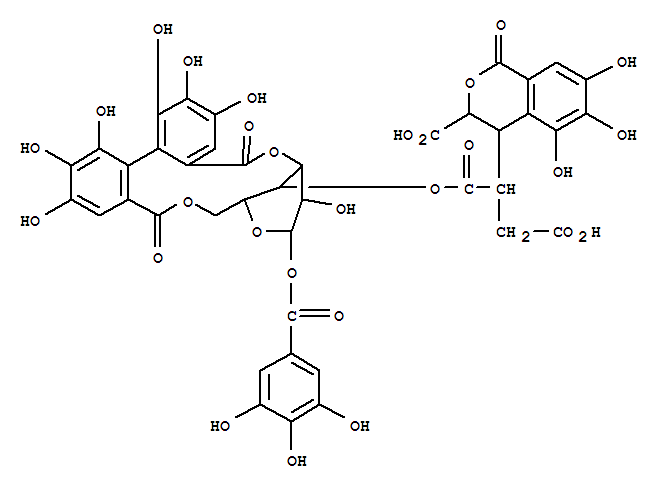 Structure of b-D-Glucopyranose, cyclic3,6-(4,4',5,5',6,6'-hexahydroxy[1,1'-biphenyl]-2,2'-dicarboxylate)4-[4-hydrogen(3-carboxy-3,4-dihydro-5,6,7-trihydroxy-1-oxo-1H-2-benzopyran-4-yl)butanedioate]1-(3,4,5-trihydroxybenzoate), stereoisomer (9CI)