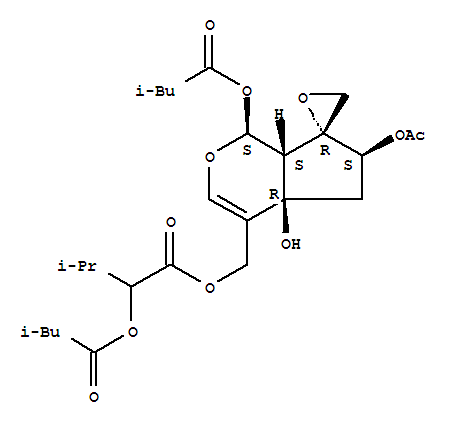 Structure of Butanoicacid, 3-methyl-2-(3-methyl-1-oxobutoxy)-,[6-(acetyloxy)-4a,5,6,7a-tetrahydro-4a-hydroxy-1-(3-methyl-1-oxobutoxy)spiro[cyclopenta[c]pyran-7(1H),2'-oxiran]-4-yl]methylester