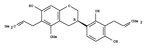 Structure of 4-[(3R)-7-hydroxy-5-methoxy-6-(3-methylbut-2-en-1-yl)-3,4-dihydro-2H-chromen-3-yl]-2-(3-methylbut-2-en-1-yl)benzene-1,3-diol