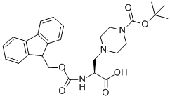 Structure of (S)-4-[2-CARBOXY-2-(9H-FLUOREN-9-YLMETHOXYCARBONYLAMINO)-ETHYL]-PIPERAZINE-1-CARBOXYLIC ACID TERT-BUTYL ESTER