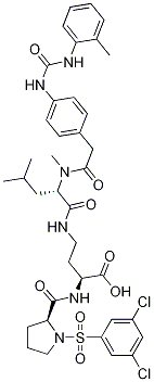 Structure of 2(S)-[1-(3,5-Dichlorophenylsulfonyl)-L-prolylamino]-4-[N-methyl-N-[2-[4-[3-(2-methylphenyl)ureido]phenyl]acetyl]-L-leucylamino]butyric acid