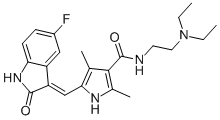 N-(2-二乙胺基乙基)-5-(5-氟-2-氧代-1,2-二氢吲哚-3-基亚甲基)-2,4-二甲基-1H-吡咯-3-甲酰胺结构式