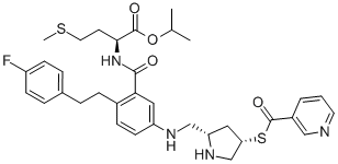 Structure of isopropyl (2S)-2-({2-(4-fluorophenethyl)-5-[({(2S,4S)-4-[(3-pyridinylcarbonyl)sulfanyl]tetrahydro-1H-pyrrol-2-yl}methyl)amino]benzoyl}amino)4-(methylsulfanyl)butanoate