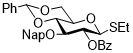 乙基 2-O-苯甲酰基-3-O-（2-甲基萘基）-4,6-O-亚苄基-1-硫代-β-D-吡喃葡萄糖苷结构式
