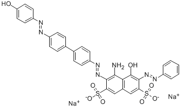Structure of disodium 4-amino-5-hydroxy-3-[[4-[(4-hydroxyphenyl)azo][1,1-biphenyl]-4-yl]azo]-6-(phenylazo)naphthalene-2,7-disulphonate