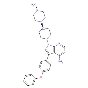Structure of 7H-Pyrrolo[2,3-d]pyrimidin-4-amine,7-[trans-4-(4-methyl-1-piperazinyl)cyclohexyl]-5-(4-phenoxyphenyl)-