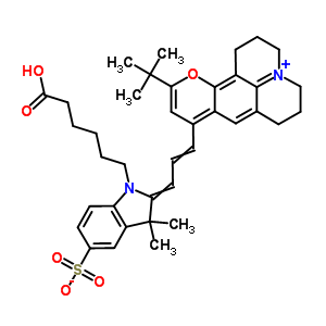 2-[3-(11-tert-butyl-2,3,6,7-tetrahydro-1H,5H-pyrano[2,3-f]pyrido[3,2,1-ij]quinolin-4-ium-9-yl)prop-2-en-1-ylidene]-1-(5-carboxypentyl)-3,3-dimethyl-2,3-dihydro-1H-indole-5-sulfonate结构式
