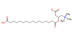 Structure of 3-carboxy-2-[(15-carboxy-1-oxopentadecyl)oxy]-N,N,N-trimethyl- (2R)-1-Propanaminium,