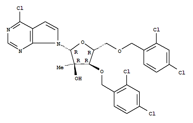 7-[3,5-Bis-O-[(2,4-dichlorophenyl)methyl]-2-C-methyl-beta-D-ribofuranosyl]-4-chloro-7H-pyrrolo[2,3-d]pyrimidine结构式