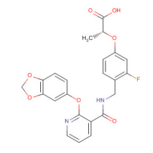 Structure of Propanoic acid,2-[4-[[[[2-(1,3-benzodioxol-5-yloxy)-3-pyridinyl]carbonyl]amino]methyl]-3-fluorophenoxy]-, (2R)-