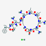 Structure of N-[4-amino-1-oxo-1-[[6,9,18-tris(2-aminoethyl)-3-(1-hydroxyethyl)-12,15-bis(2-methylpropyl)-2,5,8,11,14,17,20-heptaoxo-1,4,7,10,13,16,19-heptazacyclotricos-21-yl]amino]butan-2-yl]-3-hydroxy-2-(2-phenylbutanoylamino)butanamide;hydrochloride
