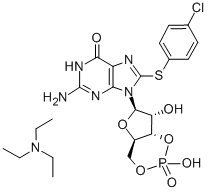 Structure of GUANOSINE-3-5-CYCLIC MONOPHOSPHATE, 8-(4-CHLOROPHENYLTHIO)-, TRIETHYLAMMONIUM SALT