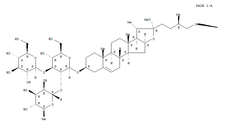 (3beta,22R,25R)-26-(beta-D-glucopyranosyloxy)-22-methoxyfurost-5-en-3-yl 6-deoxy-alpha-L-mannopyranosyl-(1->2)-[beta-D-glucopyranosyl-(1->3)]-(2xi)-beta-D-arabino-hexopyranoside结构式