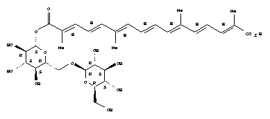 (2E,4E,6E,8E,10E,12E,14E)-2,6,11,15-Tetramethyl-2,4,6,8,10,12,14-hexadecaheptaenedioic acid 16-(6-O-β-D-glucopyranosyl-β-D-glucopyranosyl) ester结构式