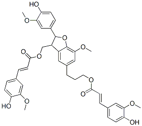 Structure of 3-(4-Hydroxy-3-methoxyphenyl)propenoic acid 3-[2,3-dihydro-2-(4-hydroxy-3-methoxyphenyl)-3-[[[3-(4-hydroxy-3-methoxyphenyl)-1-oxo-2-propenyl]oxy]methyl]-7-methoxybenzofuran-5-yl]propyl ester
