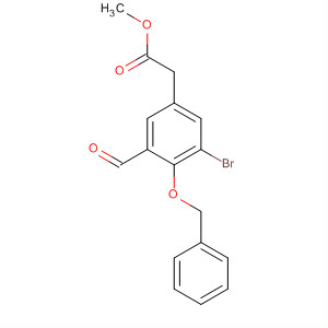 Structure of Benzeneacetic acid, 3-bromo-5-formyl-4-(phenylmethoxy)-, methyl ester