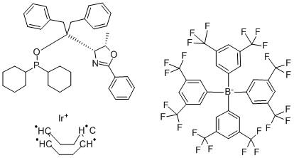 Structure of ((4S,5S)-(-)-O-[1-BENZYL-1-(5-METHYL-2-PHENYL-4,5-DIHYDROOXAZOL-4-YL)-2-PHENYLETHYL]-DICYCLOHEXYL-PHOSPHINITE)(1,5-COD)IRIDIUM (I) TETRAKIS(3,5-BIS(TRIFLUOROMETHYL)PHENYLBORATE