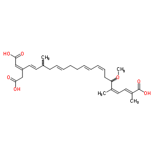 Structure of (6R,17S,2E,4Z,8Z,10E,14E,18E,20E)-20-(Carboxymethyl)-6-methoxy-2,5,17-trimethyl-2,4,8,10,14,18,20-docosaheptenedioic acid