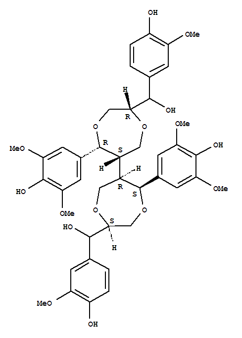 Structure of [6,6'-Bi-1,4-dioxepane]-2,2'-dimethanol,5,5'-bis(4-hydroxy-3,5-dimethoxyphenyl)-a2,a2'-bis(4-hydroxy-3-methoxyphenyl)-, (2R,2'S,5R,5'S,6S,6'R)-rel-(-)-