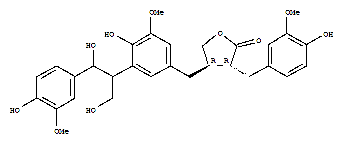 Structure of 4-{3-[1,3-dihydroxy-1-(4-hydroxy-3-methoxyphenyl)propan-2-yl]-4-hydroxy-5-methoxybenzyl}-3-(4-hydroxy-3-methoxybenzyl)dihydrofuran-2(3H)-one