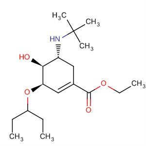 Structure of 1-Cyclohexene-1-carboxylic acid,5-[(1,1-dimethylethyl)amino]-3-(1-ethylpropoxy)-4-hydroxy-, ethyl ester,(3R,4S,5R)-