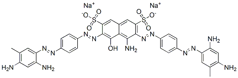 4-Amino-3,6-bis[[4-[(2,4-diamino-5-methylphenyl)azo]phenyl]azo]-5-hydroxynaphthalene-2,7-disulfonic acid disodium salt结构式