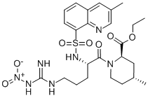 Structure of 2-PIPERIDINECARBOXYLIC ACID, 1-[5-[IMINO(NITROAMINO)METHYL]AMINO]-2-[[(3-METHYL-8-QUINOLINYL)SULFONYL]AMINO]-1-OXOPENTYL]-4-METHYL-,ETHYL ESTER,[2R-[1(S*), 2ALPHA, 4BETA]]-