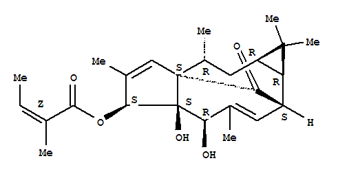 Structure of 2-Butenoicacid, 2-methyl-,1a,2,5,5a,6,9,10,10a-octahydro-5,5a-dihydroxy-1,1,4,7,9-pentamethyl-11-oxo-1H-2,8a-methanocyclopenta[a]cyclopropa[e]cyclodecen-6-ylester, [1aR-[1aa,2b,5b,5ab,6b(Z),8aa,9a,10aa]]-