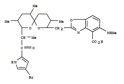 Structure of 4-Benzoxazolecarboxylicacid,2-[[8-[2-(4-bromo-1H-pyrrol-2-yl)-1-methyl-2-oxoethyl]-3,9,11-trimethyl-1,7-dioxaspiro[5.5]undec-2-yl]methyl]-5-(methylamino)-,[6S-[6a(2S*,3S*),8b(R*),9b,11a]]-