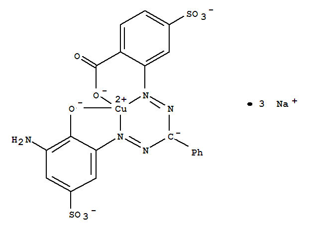 Structure of Trisodium (2-((alpha-((3-amino-2-hydroxy-5-sulphophenyl)azo)benzyl)azo)-4-sulphobenzoato(5-))cuprate(3-)