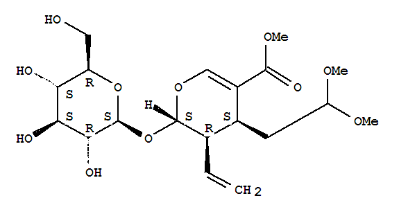 methyl (2S,3R,4S)-4-(2,2-dimethoxyethyl)-3-ethenyl-2-(beta-D-glucopyranosyloxy)-3,4-dihydro-2H-pyran-5-carboxylate结构式