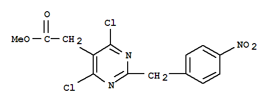 Structure of methyl 2-[4,6-dichloro-2-[(4-nitrophenyl)methyl]pyrimidin-5-yl]acetate