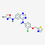 Structure of 4-N-[3-chloro-4-(1,3-thiazol-2-ylmethoxy)phenyl]-6-N-[(4R)-4-methyl-4,5-dihydro-1,3-oxazol-2-yl]quinazoline-4,6-diamine