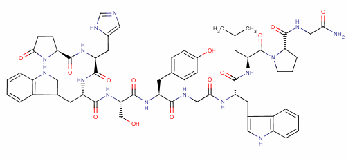 Structure of PYR-HIS-TRP-SER-TYR-GLY-TRP-LEU-PRO-GLY-NH2