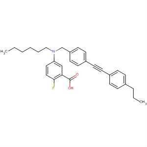 Structure of Benzoic acid,2-fluoro-5-[hexyl[[4-[(4-propylphenyl)ethynyl]phenyl]methyl]amino]-