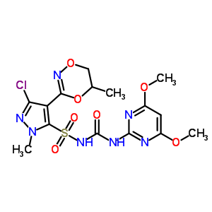 Structure of 3-chloro-N-[(4,6-dimethoxypyrimidin-2-yl)carbamoyl]-1-methyl-4-(5-methyl-5,6-dihydro-1,4,2-dioxazin-3-yl)-1H-pyrazole-5-sulfonamide