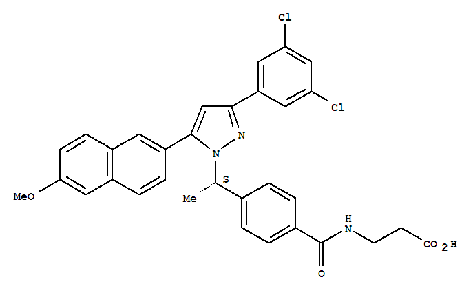 Structure of b-Alanine, N-[4-[(1S)-1-[3-(3,5-dichlorophenyl)-5-(6-methoxy-2-naphthalenyl)-1H-pyrazol-1-yl]ethyl]benzoyl]-