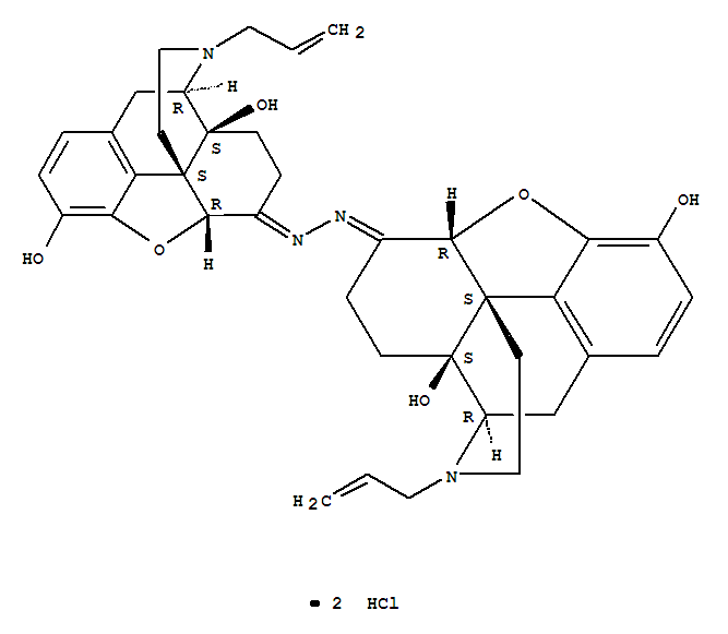 Structure of bis[(5α)-4,5-Epoxy-3,14-dihydroxy-17-(2-propenyl)morphinan-6-ylidene]hydrazone  hydrate  dihydrochloride