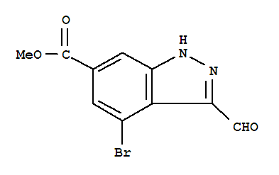 Structure of 1H-INDAZOLE-6-CARBOXYLIC ACID, 4-BROMO-3-FORMYL-, METHYL ESTER