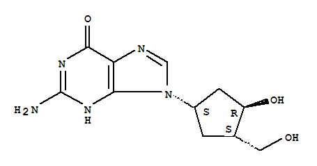 Structure of 2-amino-1,9-dihydro-9-(3-hydroxy-4-(hydroxymethyl)cyclopentyl)-6H-purine-6-one