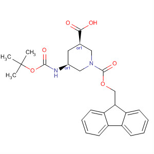Structure of 1,3-Piperidinedicarboxylic acid,5-[[(1,1-dimethylethoxy)carbonyl]amino]-, 1-(9H-fluoren-9-ylmethyl)ester, (3R,5S)-rel-