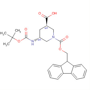 Structure of 1,3-Piperidinedicarboxylic acid,5-[[(1,1-dimethylethoxy)carbonyl]amino]-, 1-(9H-fluoren-9-ylmethyl)ester, (3R,5R)-rel-