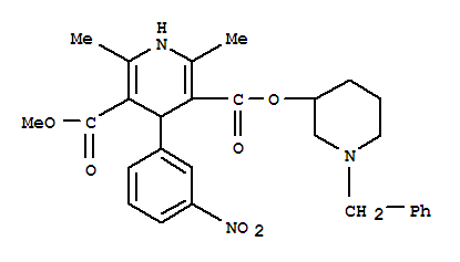 Structure of 3,5-Pyridinedicarboxylic acid, 1,4-dihydro-2,6-dimethyl-4-(3-nitrophenyl)-, methyl 1-(phenylmethyl)-3-piperidinyl ester